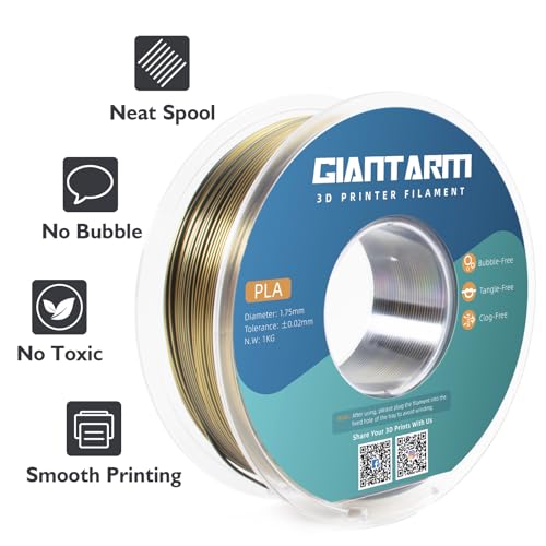 GIANTARM Silk Metallic Silver PLA 3D Printer Filament 1kg Spool, 1.75mm Dimensional Accuracy +/-0.03mm, 1080 Feet per Roll, Vacuum Packaging i3dyou