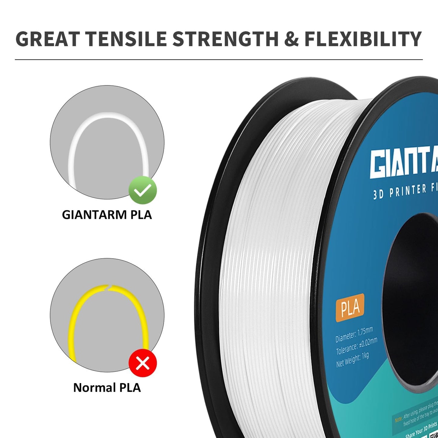 GIANTARM Silk Metallic Silver PLA 3D Printer Filament 1kg Spool, 1.75mm Dimensional Accuracy +/-0.03mm, 1080 Feet per Roll, Vacuum Packaging i3dyou