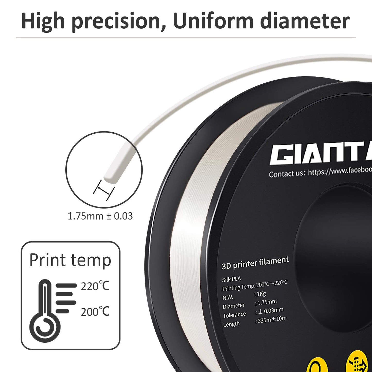 GIANTARM Silk Metallic Silver PLA 3D Printer Filament 1kg Spool, 1.75mm Dimensional Accuracy +/-0.03mm, 1080 Feet per Roll, Vacuum Packaging i3dyou