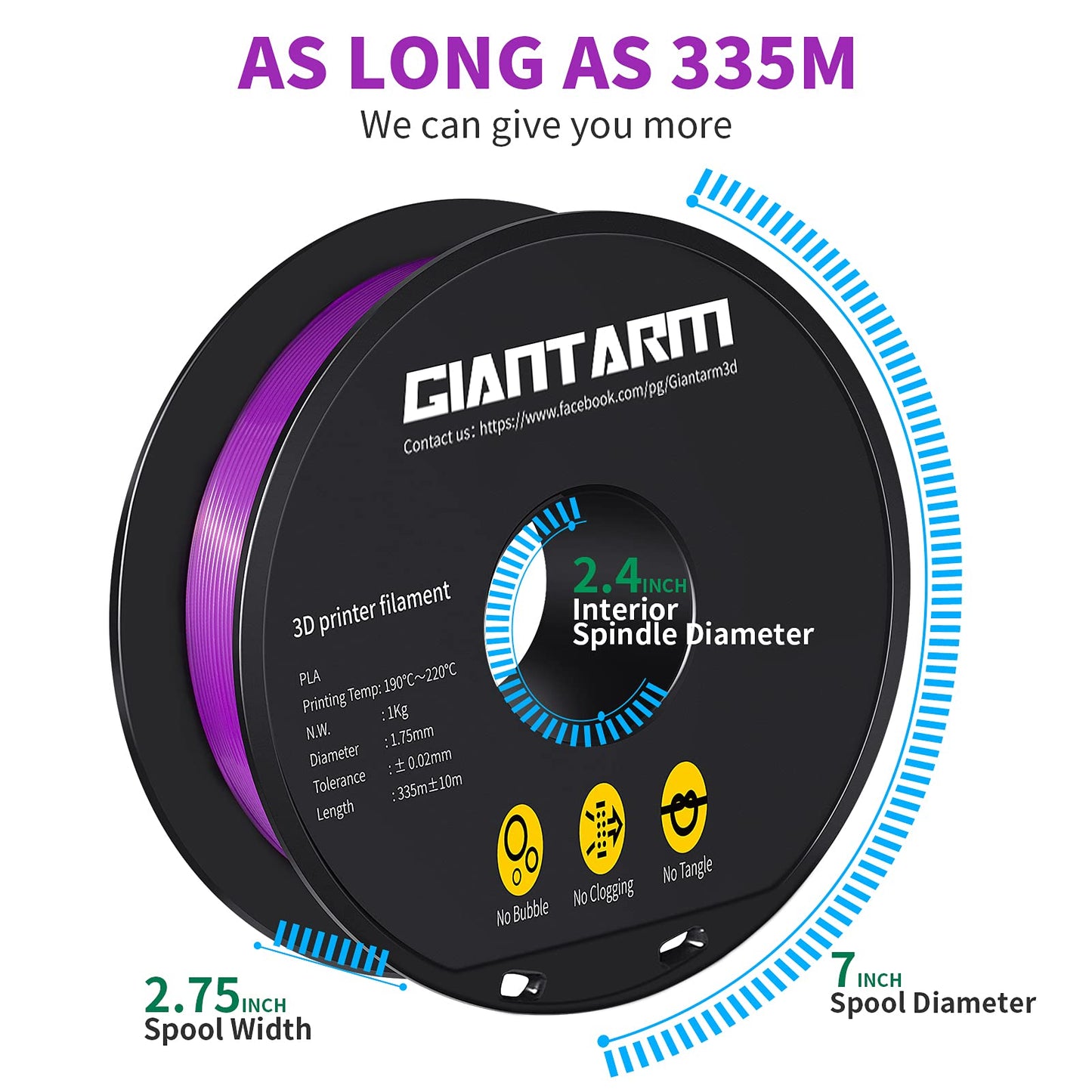 GIANTARM Silk Metallic Silver PLA 3D Printer Filament 1kg Spool, 1.75mm Dimensional Accuracy +/-0.03mm, 1080 Feet per Roll, Vacuum Packaging i3dyou