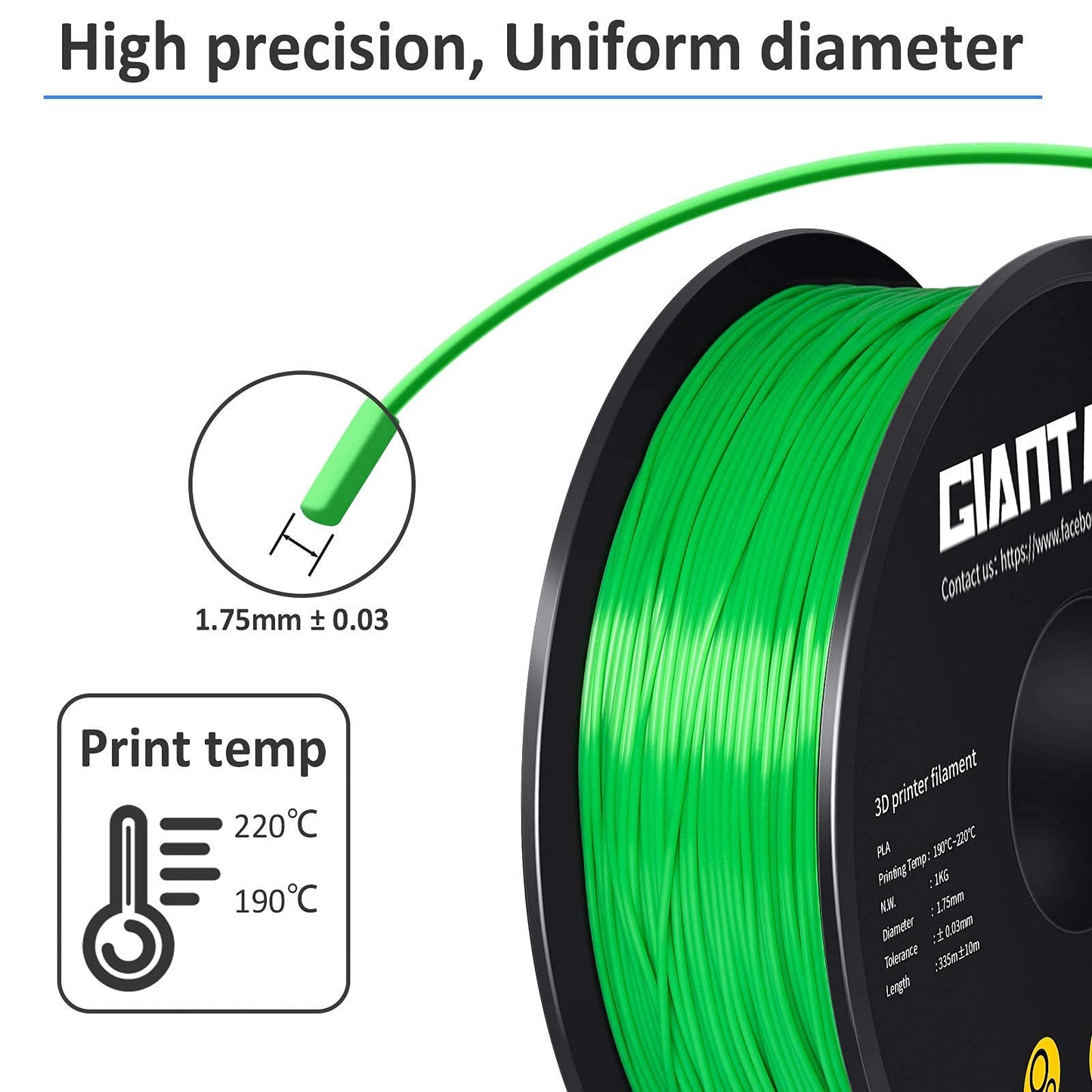 GIANTARM Silk Metallic Silver PLA 3D Printer Filament 1kg Spool, 1.75mm Dimensional Accuracy +/-0.03mm, 1080 Feet per Roll, Vacuum Packaging i3dyou