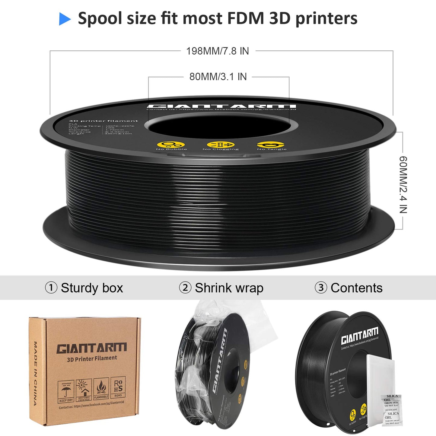 GIANTARM Silk Metallic Silver PLA 3D Printer Filament 1kg Spool, 1.75mm Dimensional Accuracy +/-0.03mm, 1080 Feet per Roll, Vacuum Packaging i3dyou