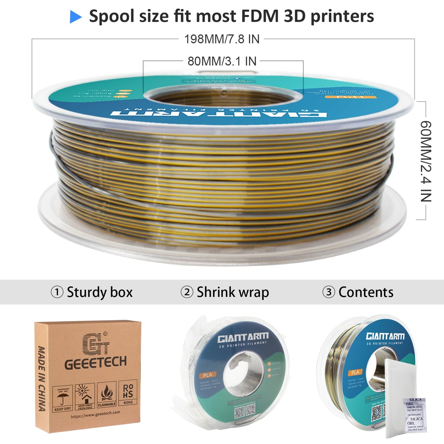 GIANTARM Silk Metallic Silver PLA 3D Printer Filament 1kg Spool, 1.75mm Dimensional Accuracy +/-0.03mm, 1080 Feet per Roll, Vacuum Packaging i3dyou