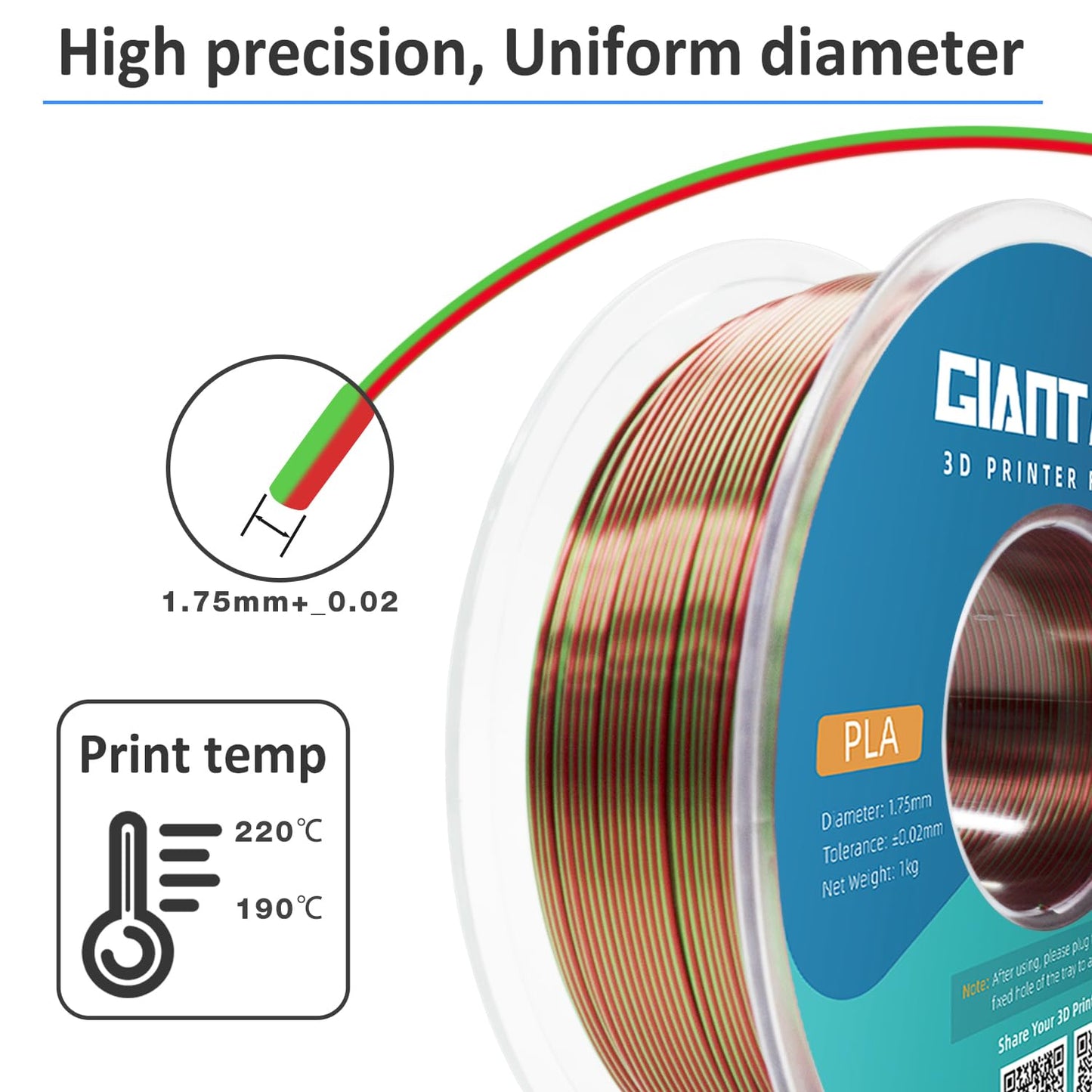 GIANTARM Silk Metallic Silver PLA 3D Printer Filament 1kg Spool, 1.75mm Dimensional Accuracy +/-0.03mm, 1080 Feet per Roll, Vacuum Packaging i3dyou