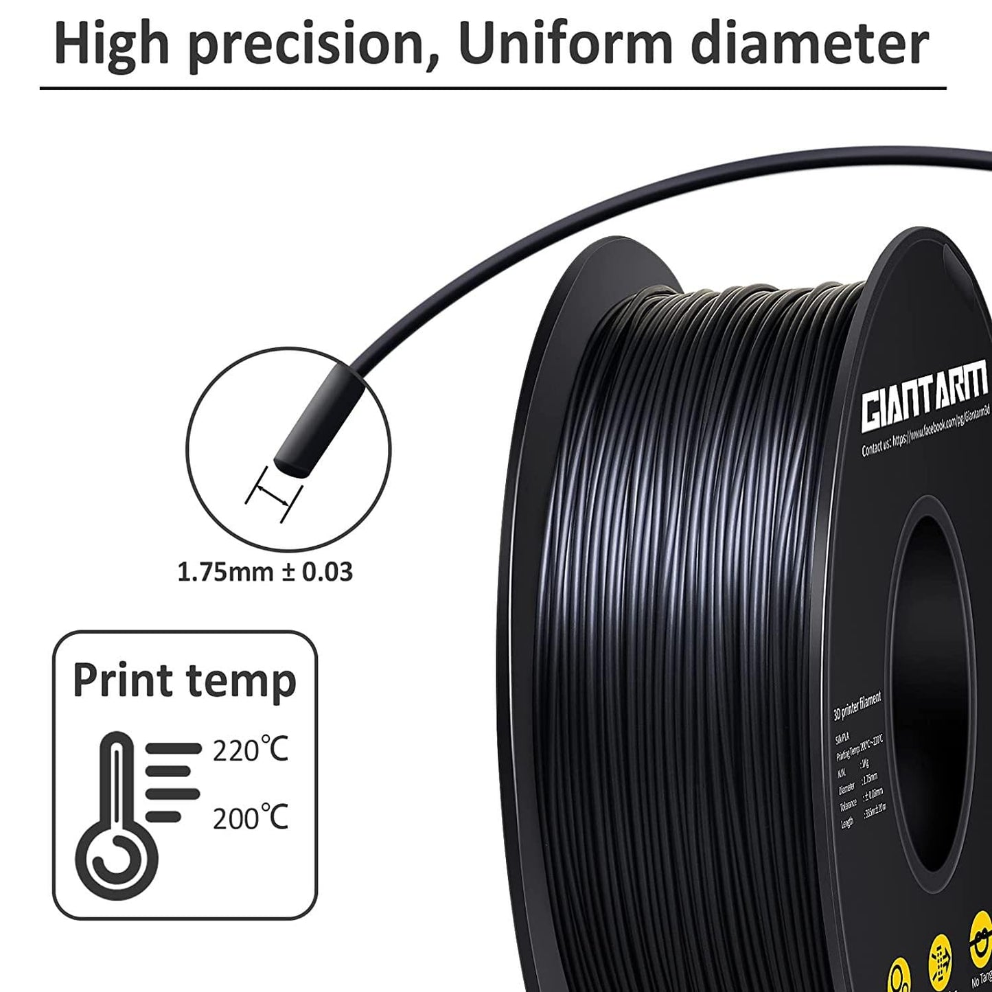 GIANTARM Silk Metallic Silver PLA 3D Printer Filament 1kg Spool, 1.75mm Dimensional Accuracy +/-0.03mm, 1080 Feet per Roll, Vacuum Packaging i3dyou