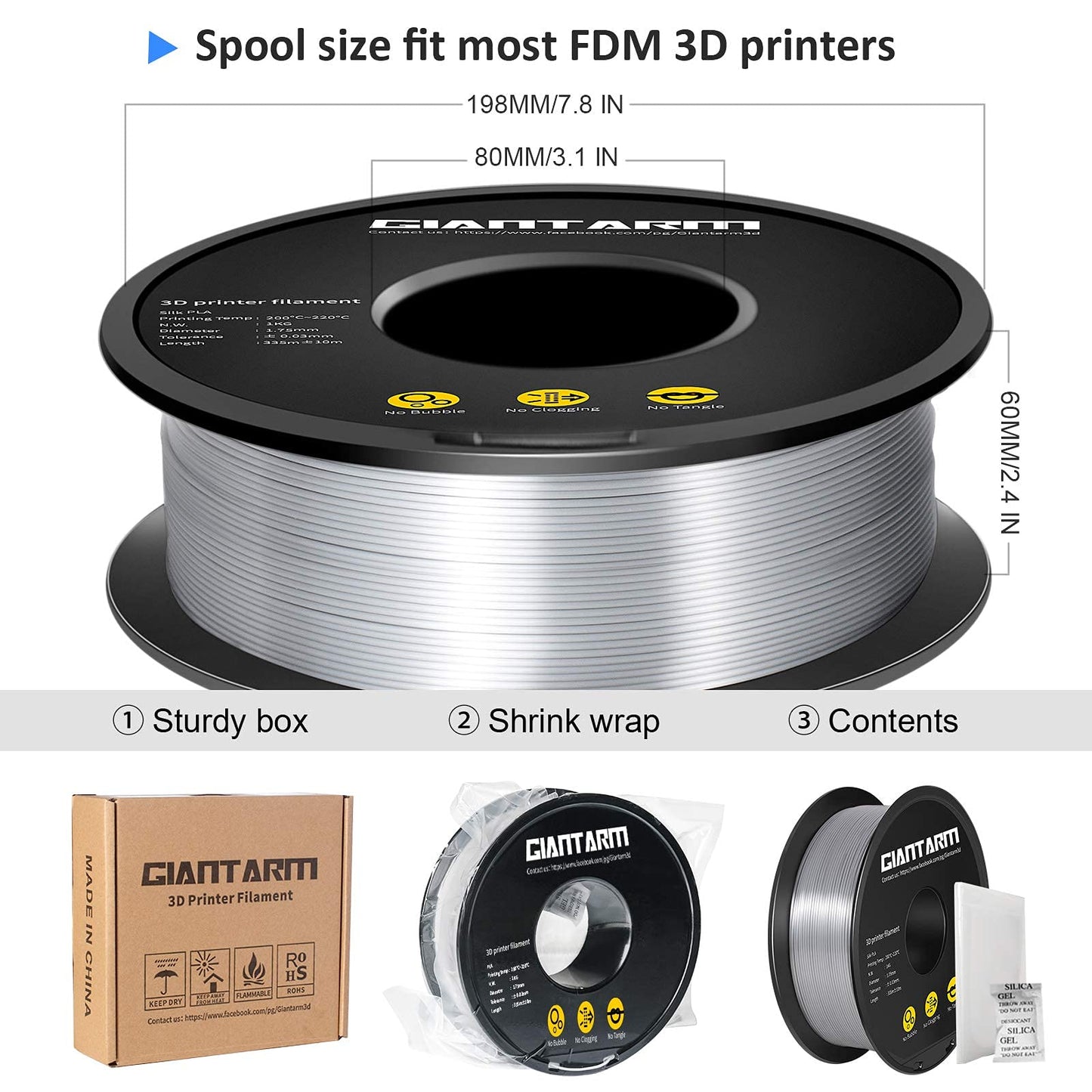 GIANTARM Silk Metallic Silver PLA 3D Printer Filament 1kg Spool, 1.75mm Dimensional Accuracy +/-0.03mm, 1080 Feet per Roll, Vacuum Packaging i3dyou