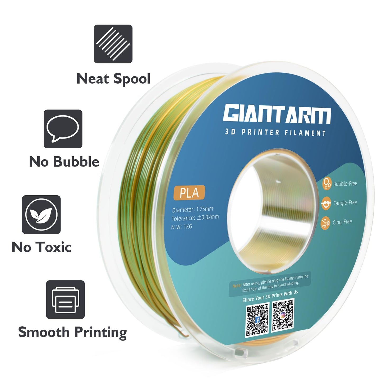 GIANTARM Silk Metallic Silver PLA 3D Printer Filament 1kg Spool, 1.75mm Dimensional Accuracy +/-0.03mm, 1080 Feet per Roll, Vacuum Packaging i3dyou