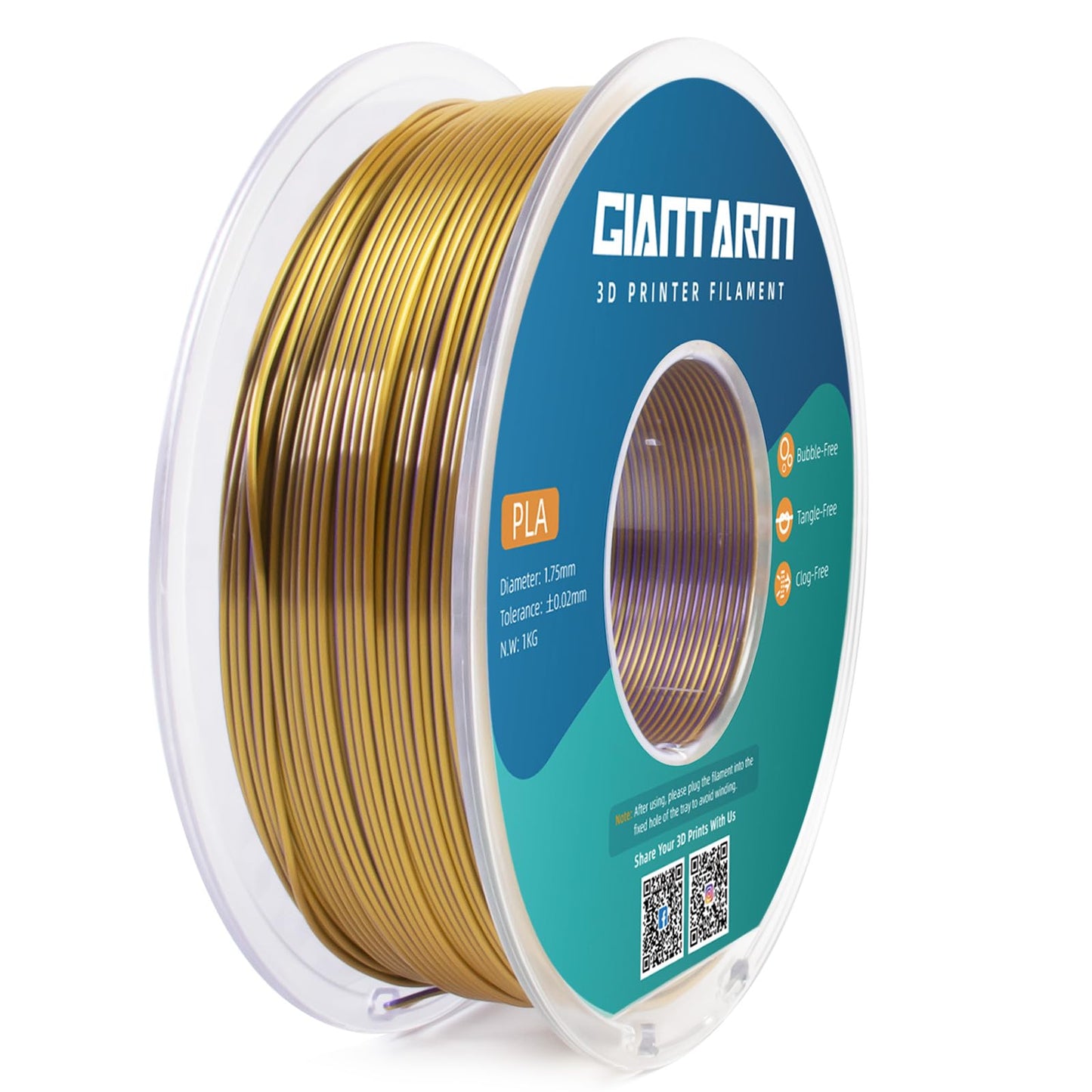 GIANTARM Silk Metallic Silver PLA 3D Printer Filament 1kg Spool, 1.75mm Dimensional Accuracy +/-0.03mm, 1080 Feet per Roll, Vacuum Packaging i3dyou