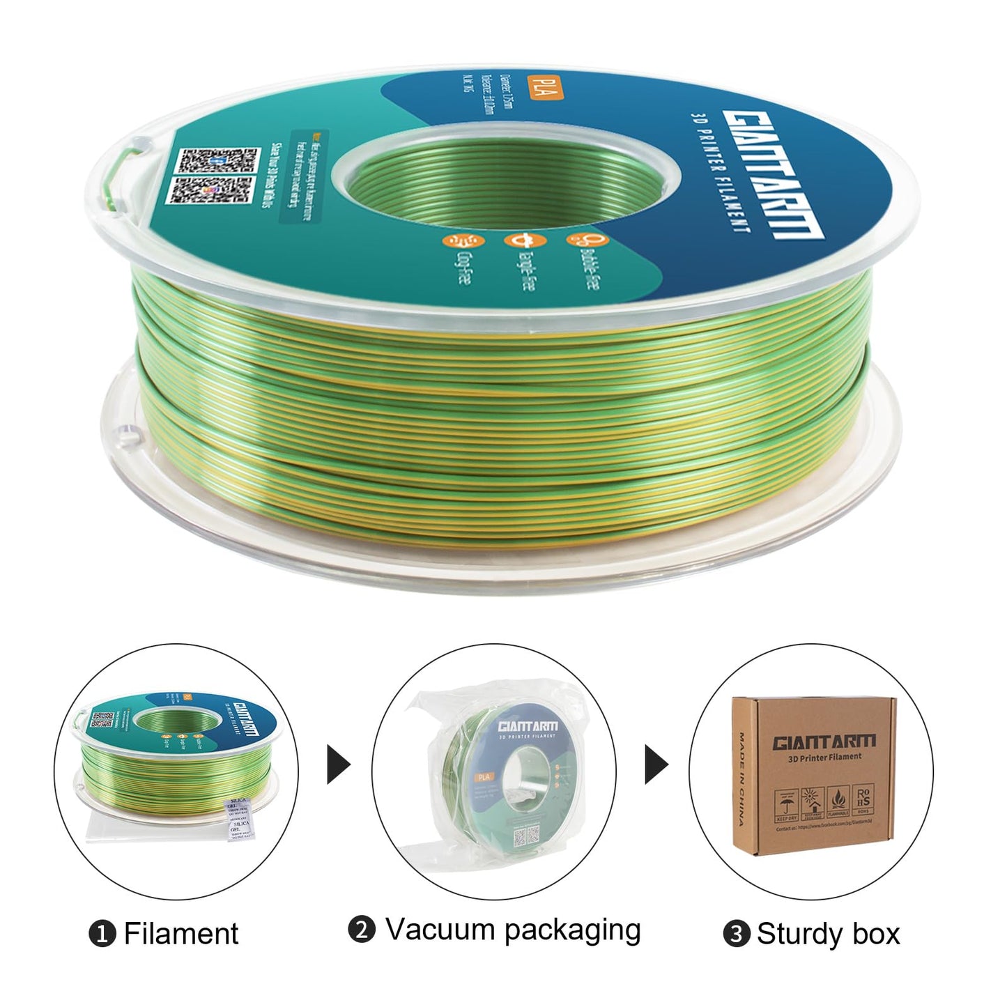 GIANTARM Silk Metallic Silver PLA 3D Printer Filament 1kg Spool, 1.75mm Dimensional Accuracy +/-0.03mm, 1080 Feet per Roll, Vacuum Packaging i3dyou