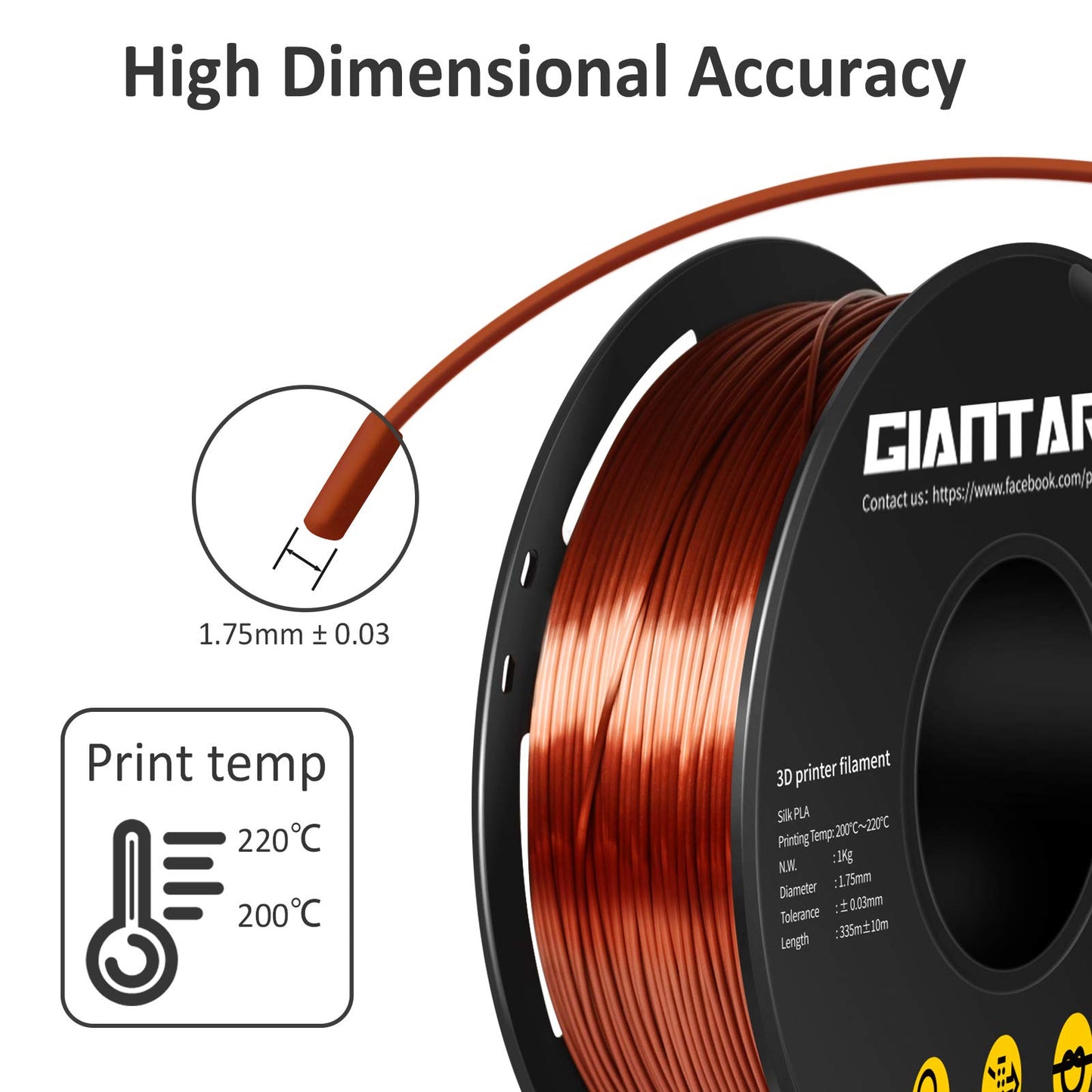 GIANTARM Silk Metallic Silver PLA 3D Printer Filament 1kg Spool, 1.75mm Dimensional Accuracy +/-0.03mm, 1080 Feet per Roll, Vacuum Packaging i3dyou