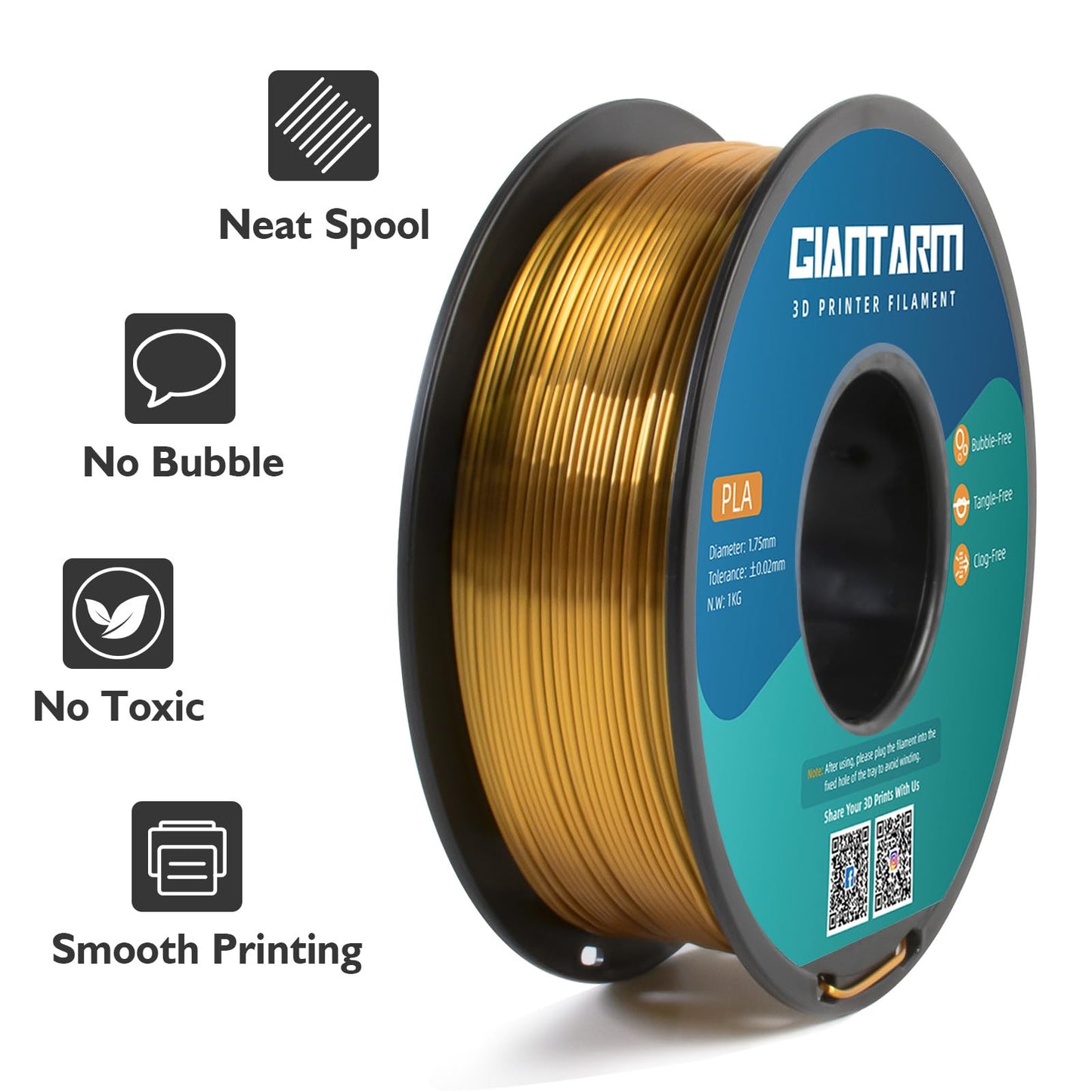 GIANTARM Silk Metallic Silver PLA 3D Printer Filament 1kg Spool, 1.75mm Dimensional Accuracy +/-0.03mm, 1080 Feet per Roll, Vacuum Packaging i3dyou