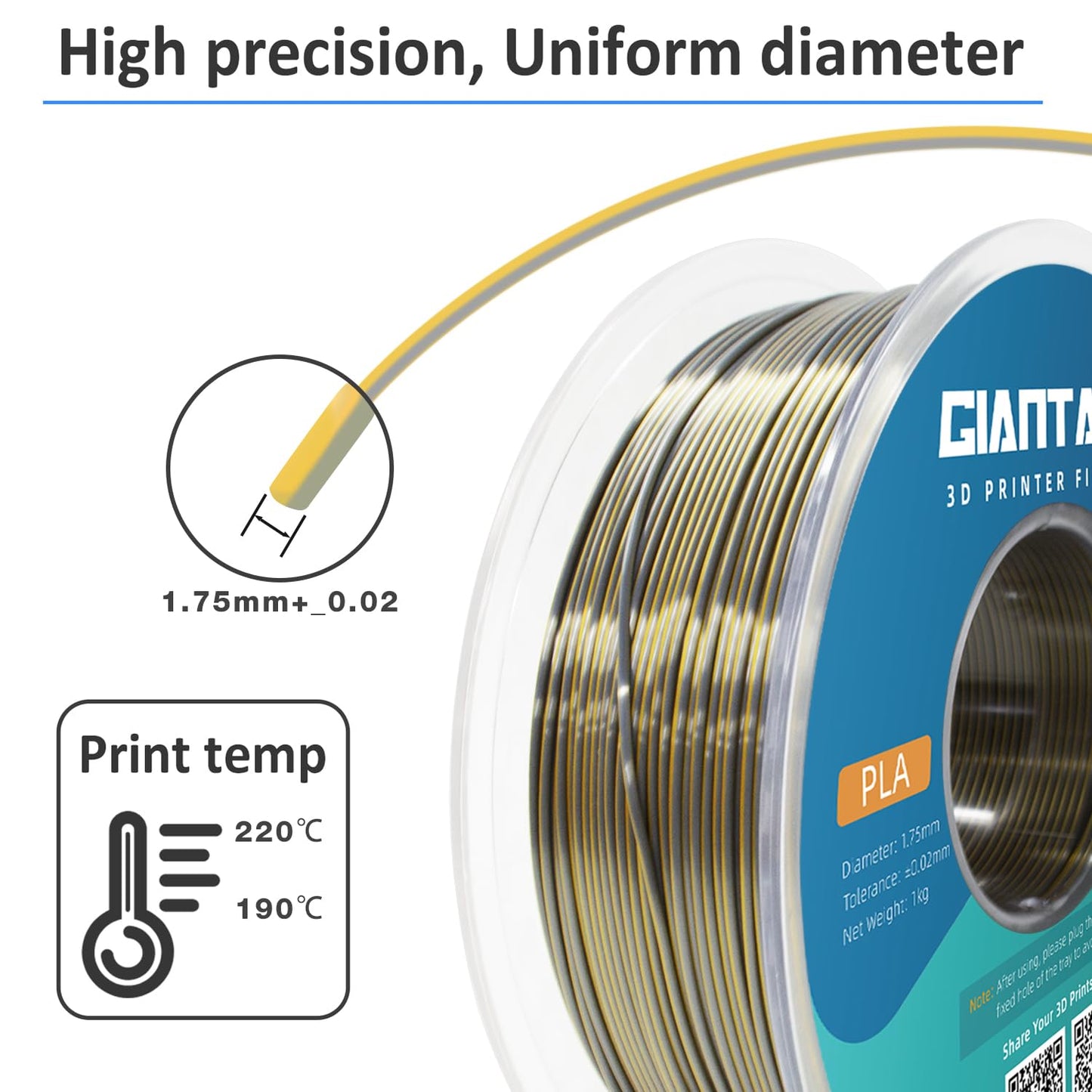 GIANTARM Silk Metallic Silver PLA 3D Printer Filament 1kg Spool, 1.75mm Dimensional Accuracy +/-0.03mm, 1080 Feet per Roll, Vacuum Packaging i3dyou