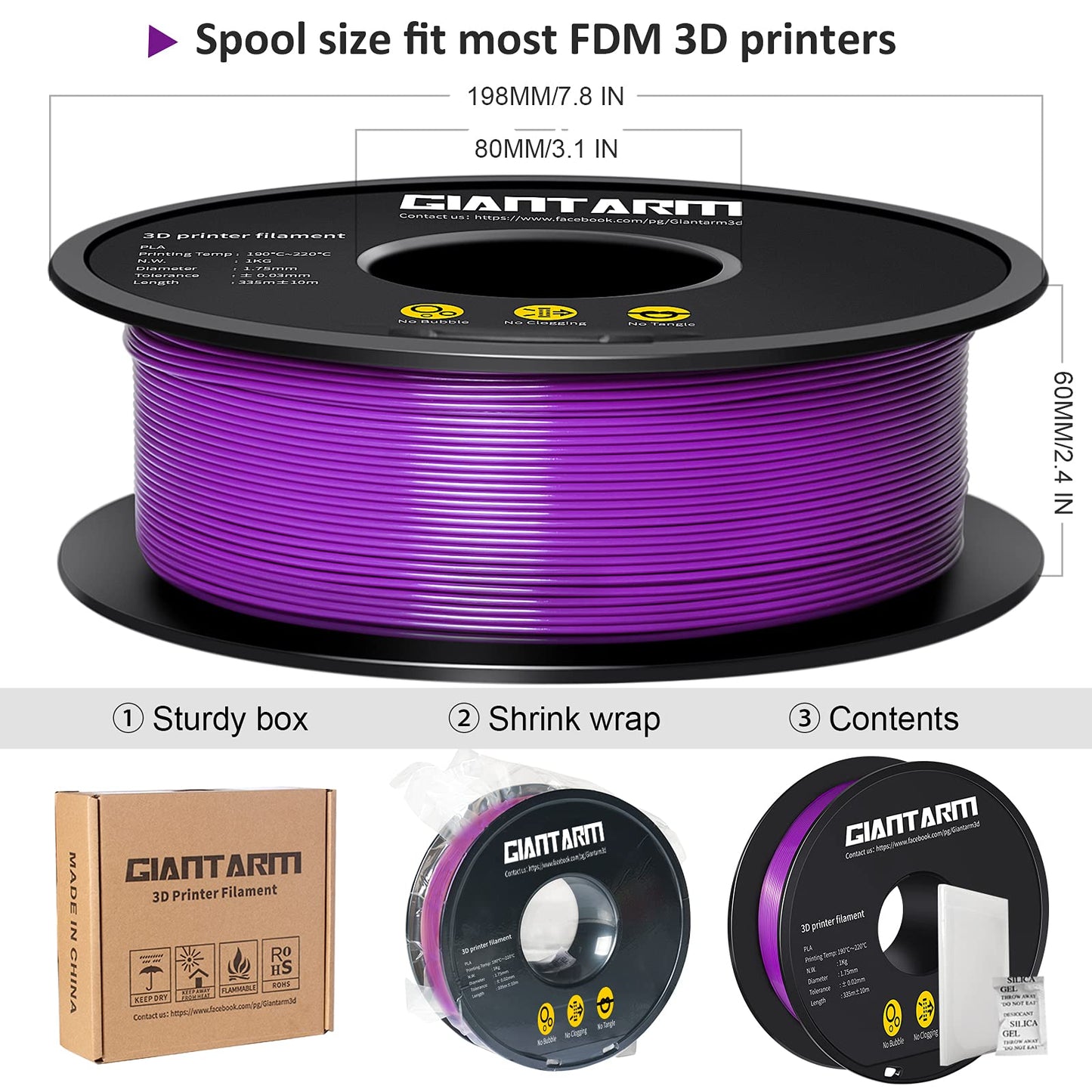 GIANTARM Silk Metallic Silver PLA 3D Printer Filament 1kg Spool, 1.75mm Dimensional Accuracy +/-0.03mm, 1080 Feet per Roll, Vacuum Packaging i3dyou