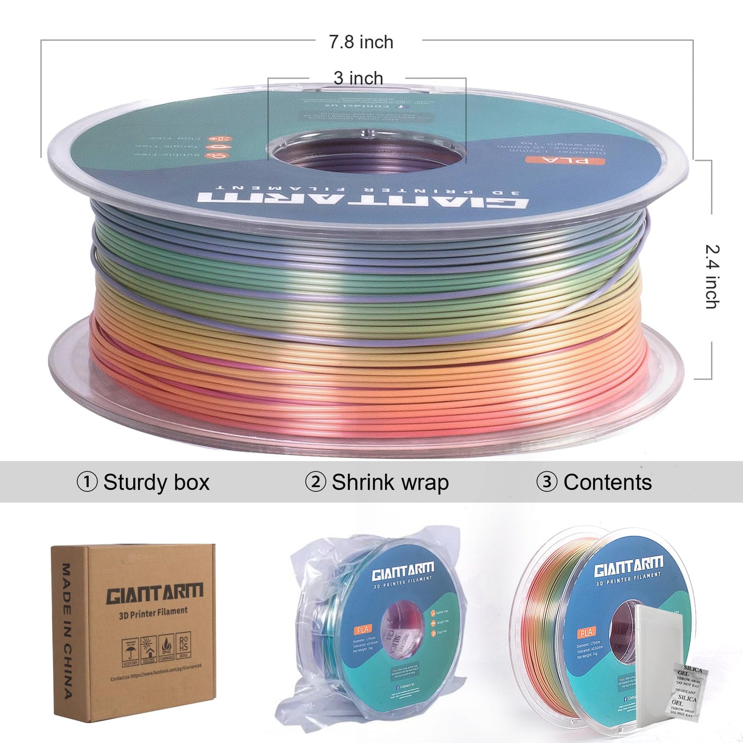 GIANTARM Silk Metallic Silver PLA 3D Printer Filament 1kg Spool, 1.75mm Dimensional Accuracy +/-0.03mm, 1080 Feet per Roll, Vacuum Packaging i3dyou