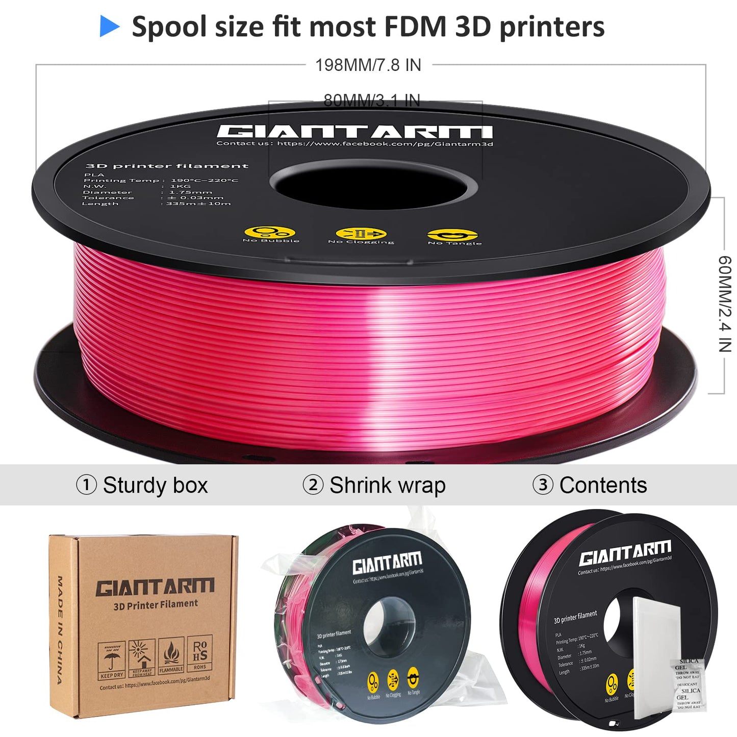 GIANTARM Silk Metallic Silver PLA 3D Printer Filament 1kg Spool, 1.75mm Dimensional Accuracy +/-0.03mm, 1080 Feet per Roll, Vacuum Packaging i3dyou