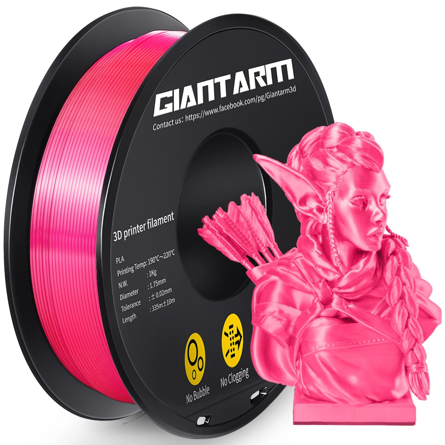 GIANTARM Silk Metallic Silver PLA 3D Printer Filament 1kg Spool, 1.75mm Dimensional Accuracy +/-0.03mm, 1080 Feet per Roll, Vacuum Packaging i3dyou