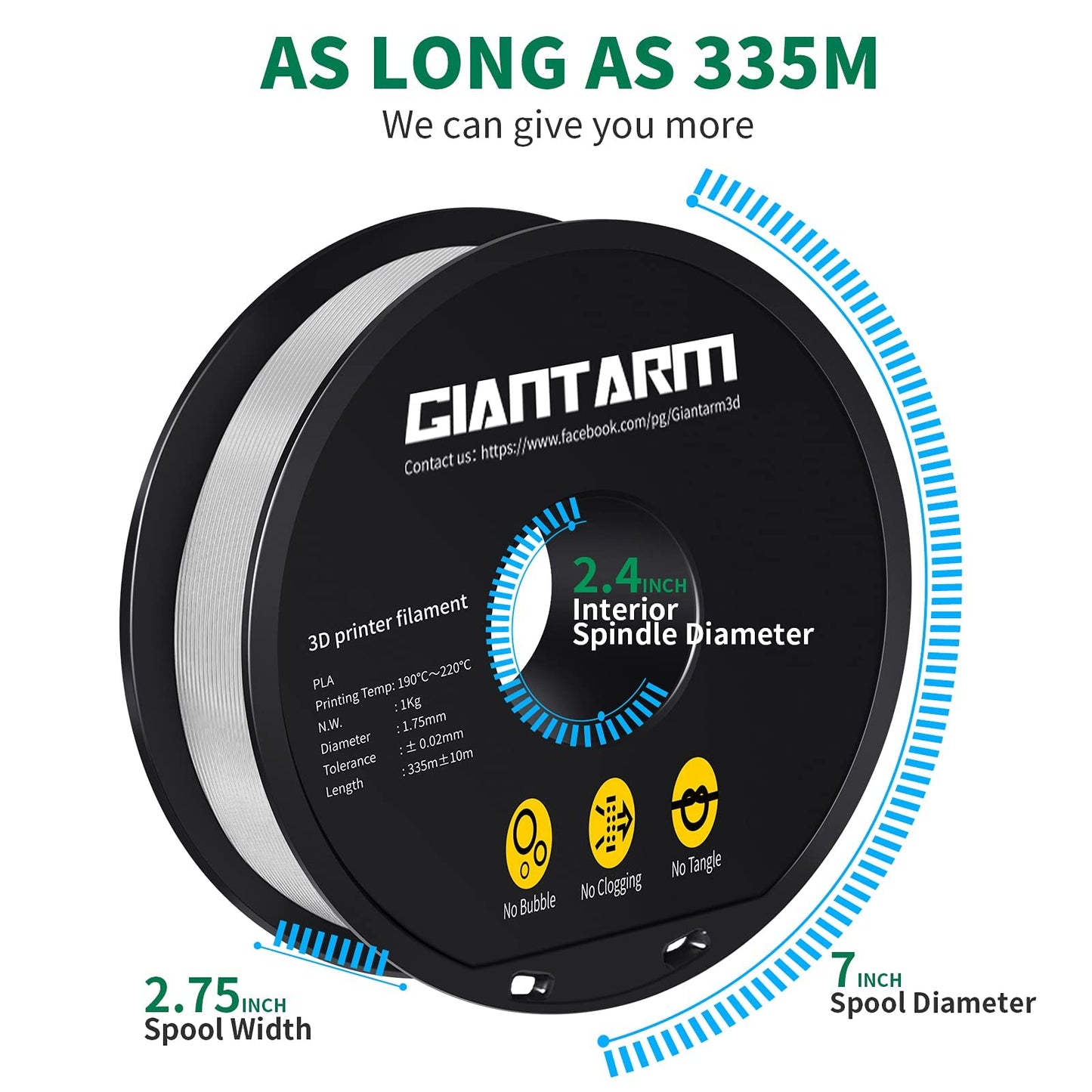 GIANTARM Silk Metallic Silver PLA 3D Printer Filament 1kg Spool, 1.75mm Dimensional Accuracy +/-0.03mm, 1080 Feet per Roll, Vacuum Packaging i3dyou