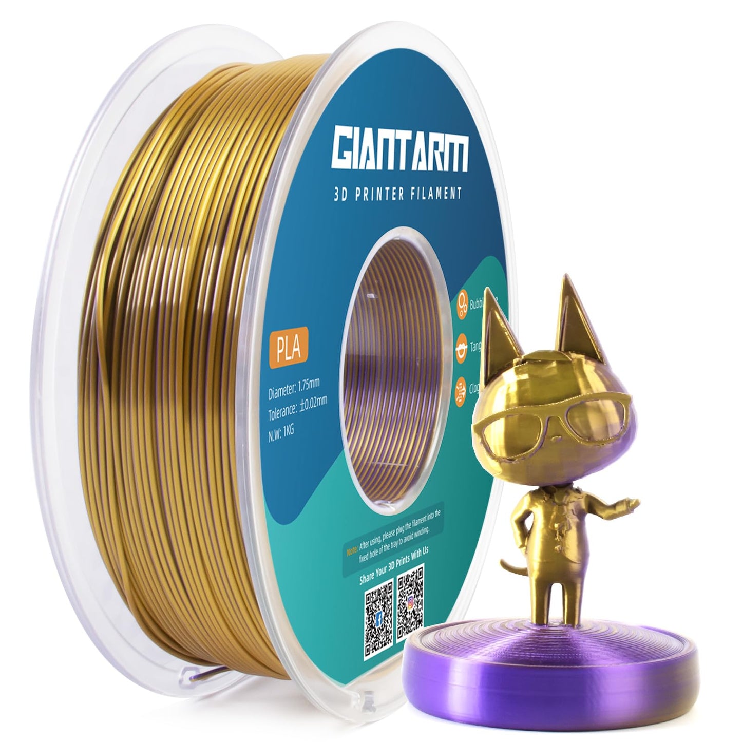 GIANTARM Silk Metallic Silver PLA 3D Printer Filament 1kg Spool, 1.75mm Dimensional Accuracy +/-0.03mm, 1080 Feet per Roll, Vacuum Packaging i3dyou