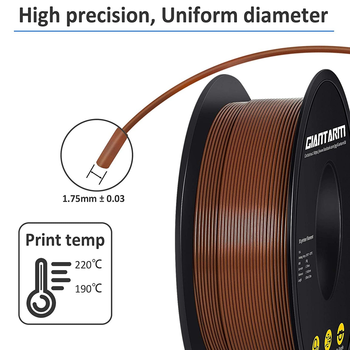 GIANTARM Silk Metallic Silver PLA 3D Printer Filament 1kg Spool, 1.75mm Dimensional Accuracy +/-0.03mm, 1080 Feet per Roll, Vacuum Packaging i3dyou