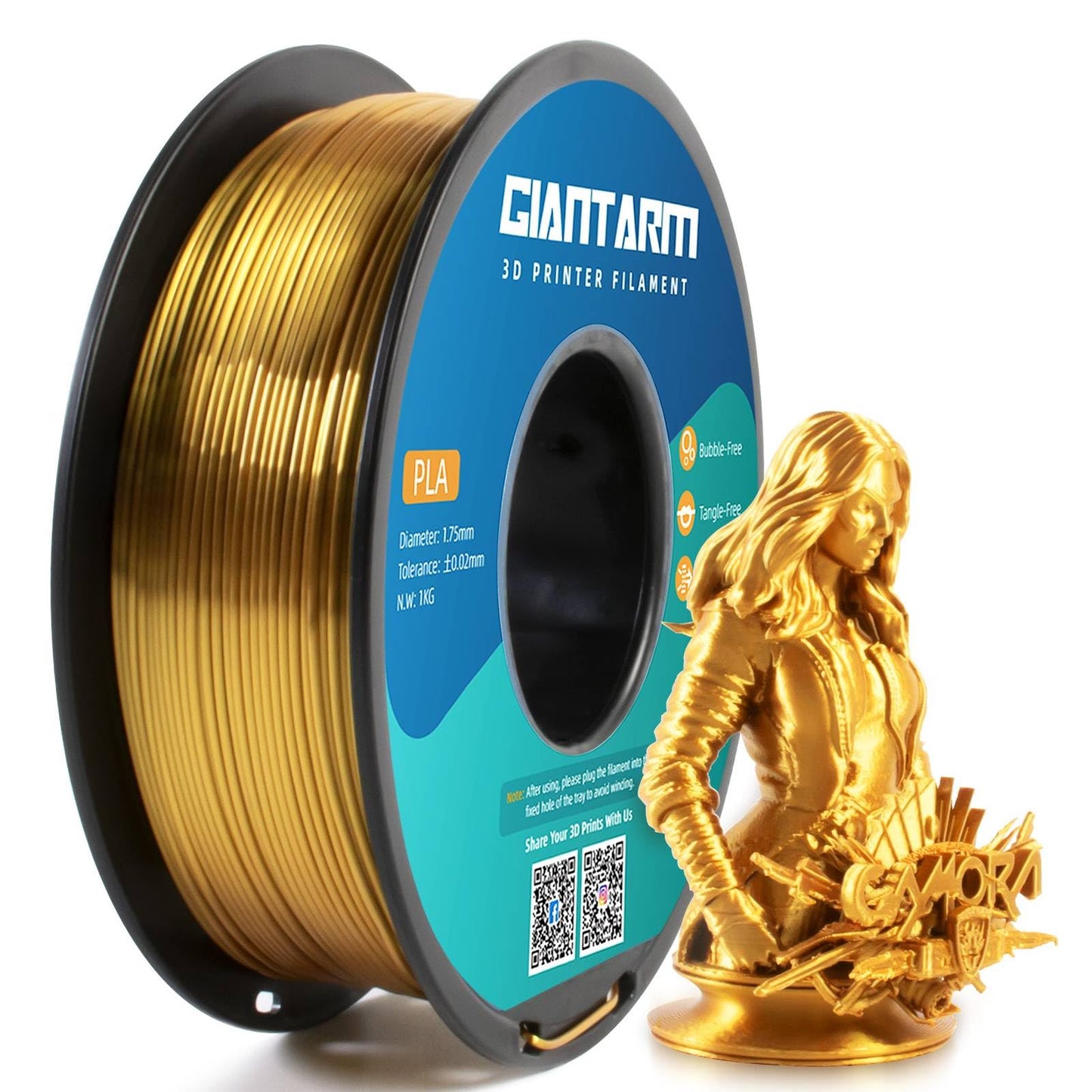 GIANTARM Silk Metallic Silver PLA 3D Printer Filament 1kg Spool, 1.75mm Dimensional Accuracy +/-0.03mm, 1080 Feet per Roll, Vacuum Packaging i3dyou