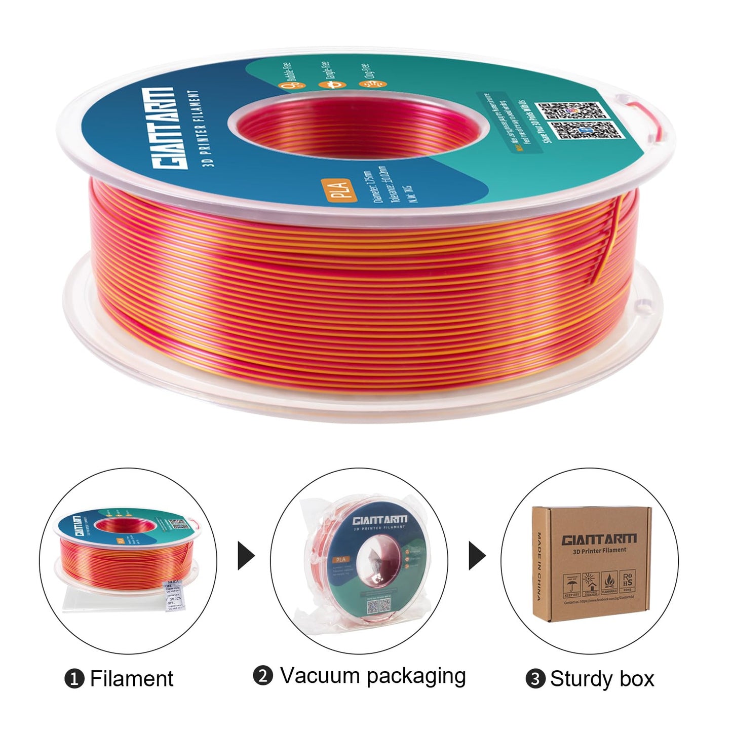 GIANTARM Silk Metallic Silver PLA 3D Printer Filament 1kg Spool, 1.75mm Dimensional Accuracy +/-0.03mm, 1080 Feet per Roll, Vacuum Packaging i3dyou