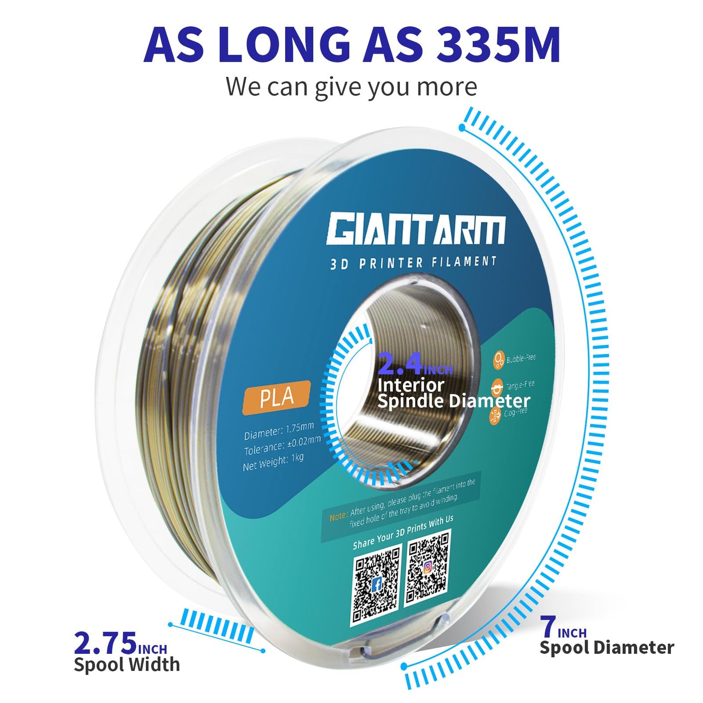 GIANTARM Silk Metallic Silver PLA 3D Printer Filament 1kg Spool, 1.75mm Dimensional Accuracy +/-0.03mm, 1080 Feet per Roll, Vacuum Packaging i3dyou