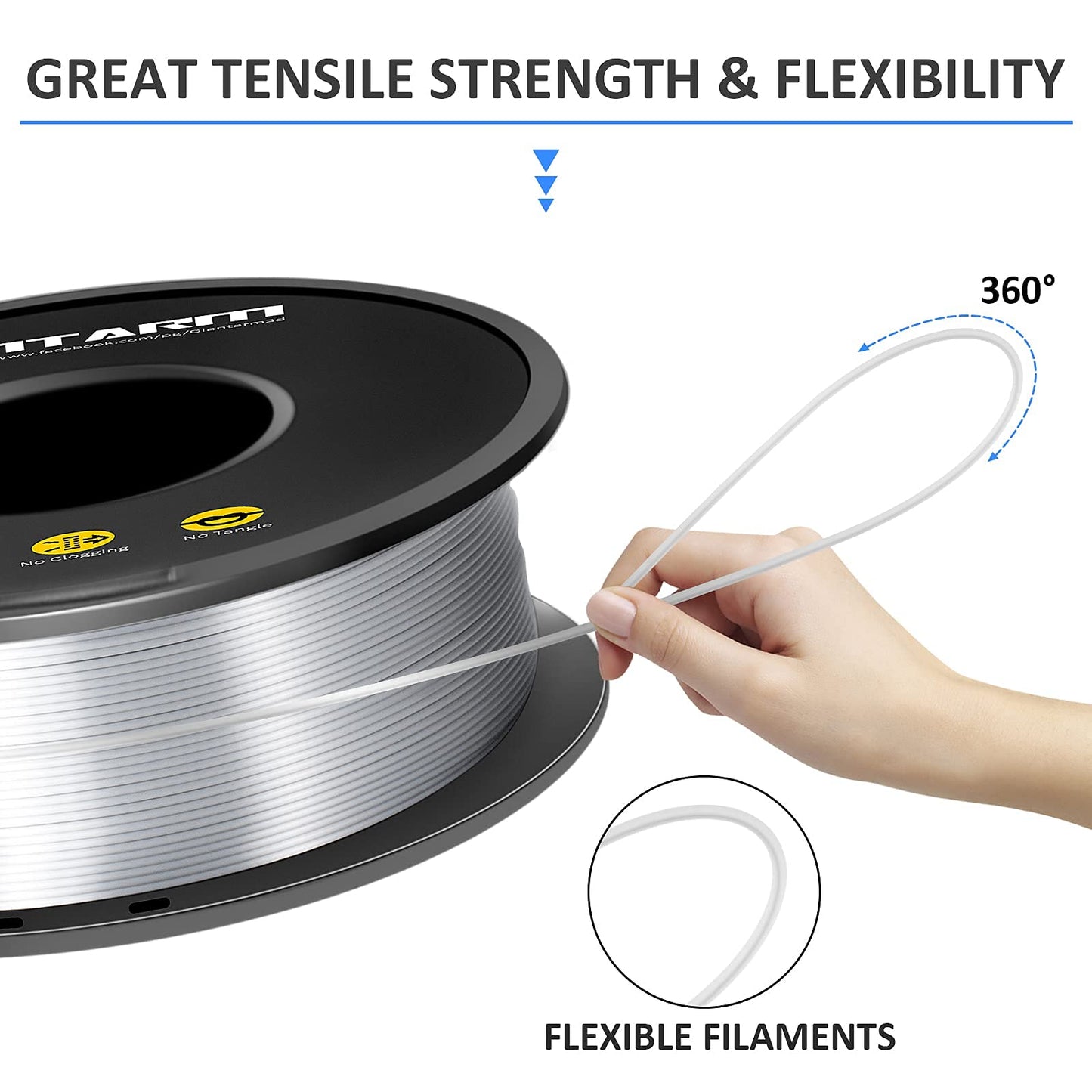 GIANTARM Silk Metallic Silver PLA 3D Printer Filament 1kg Spool, 1.75mm Dimensional Accuracy +/-0.03mm, 1080 Feet per Roll, Vacuum Packaging i3dyou