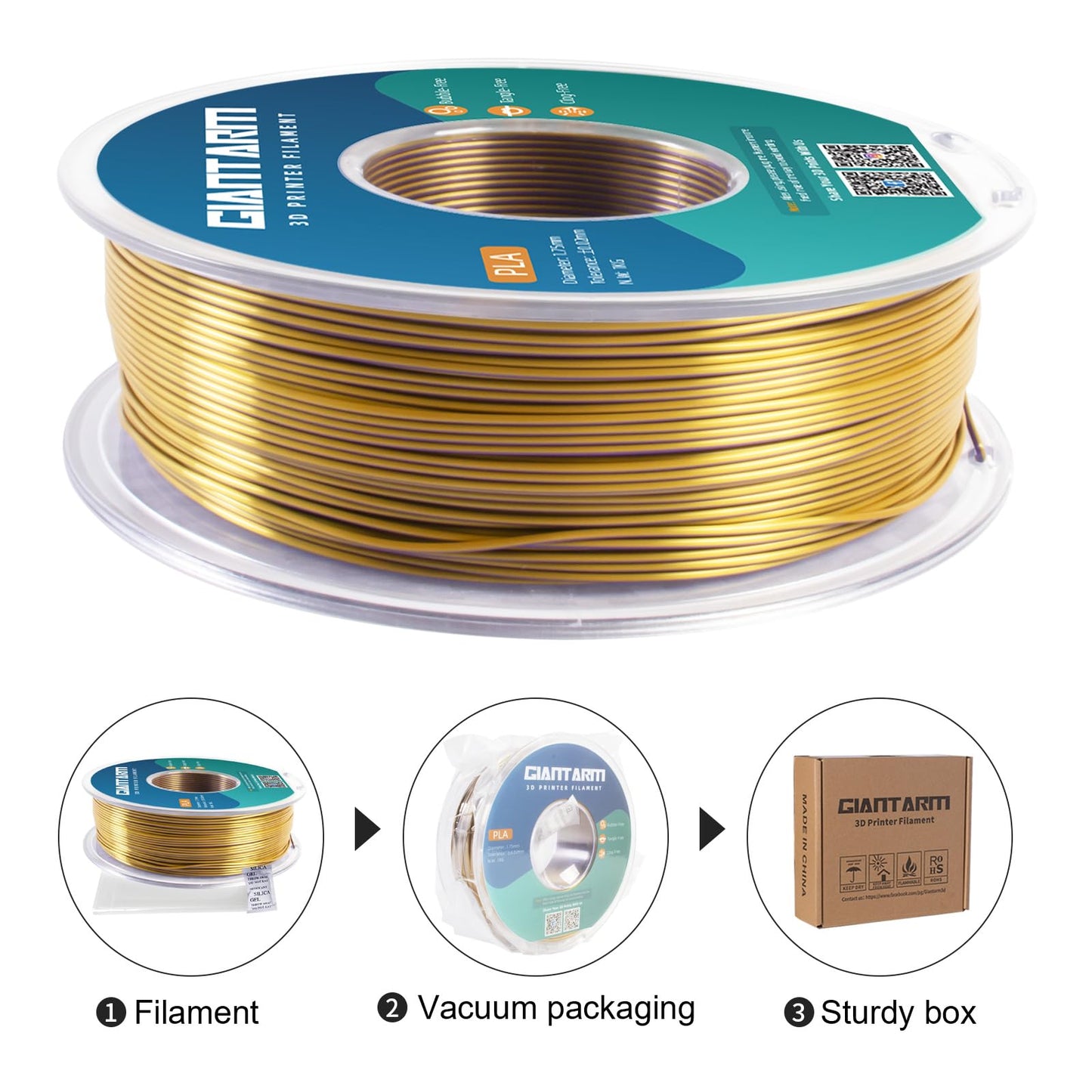 GIANTARM Silk Metallic Silver PLA 3D Printer Filament 1kg Spool, 1.75mm Dimensional Accuracy +/-0.03mm, 1080 Feet per Roll, Vacuum Packaging i3dyou