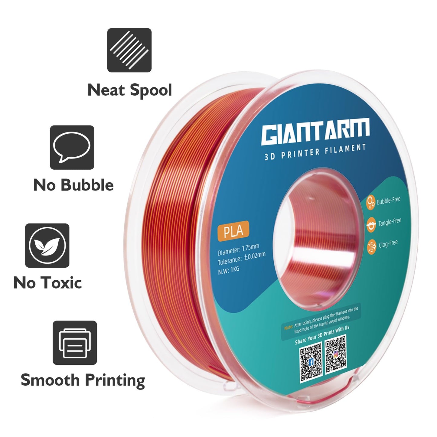 GIANTARM Silk Metallic Silver PLA 3D Printer Filament 1kg Spool, 1.75mm Dimensional Accuracy +/-0.03mm, 1080 Feet per Roll, Vacuum Packaging i3dyou