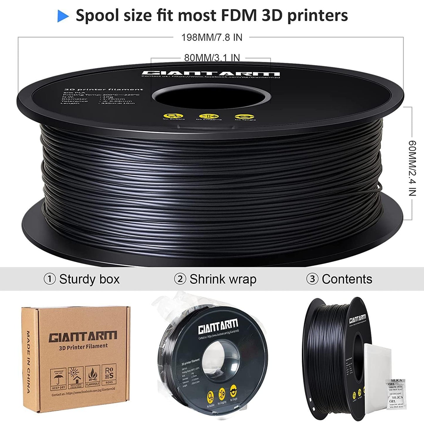 GIANTARM Silk Metallic Silver PLA 3D Printer Filament 1kg Spool, 1.75mm Dimensional Accuracy +/-0.03mm, 1080 Feet per Roll, Vacuum Packaging i3dyou