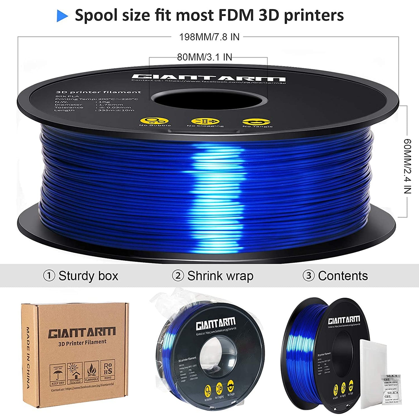 GIANTARM Silk Metallic Silver PLA 3D Printer Filament 1kg Spool, 1.75mm Dimensional Accuracy +/-0.03mm, 1080 Feet per Roll, Vacuum Packaging i3dyou