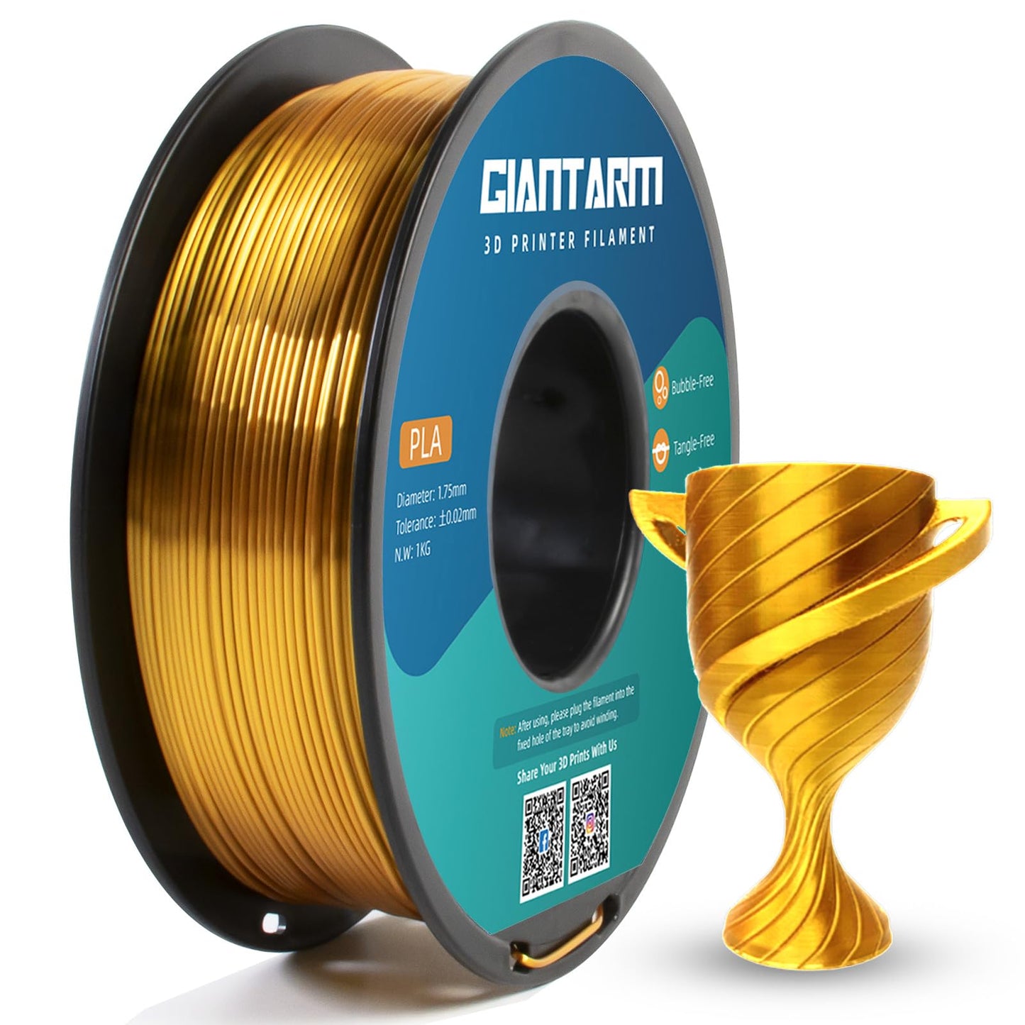 GIANTARM Silk Metallic Silver PLA 3D Printer Filament 1kg Spool, 1.75mm Dimensional Accuracy +/-0.03mm, 1080 Feet per Roll, Vacuum Packaging i3dyou