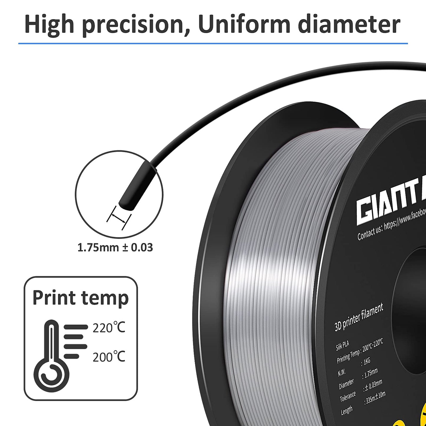 GIANTARM Silk Metallic Silver PLA 3D Printer Filament 1kg Spool, 1.75mm Dimensional Accuracy +/-0.03mm, 1080 Feet per Roll, Vacuum Packaging i3dyou