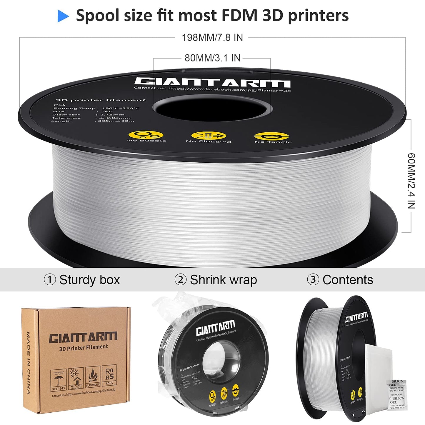 GIANTARM Silk Metallic Silver PLA 3D Printer Filament 1kg Spool, 1.75mm Dimensional Accuracy +/-0.03mm, 1080 Feet per Roll, Vacuum Packaging i3dyou