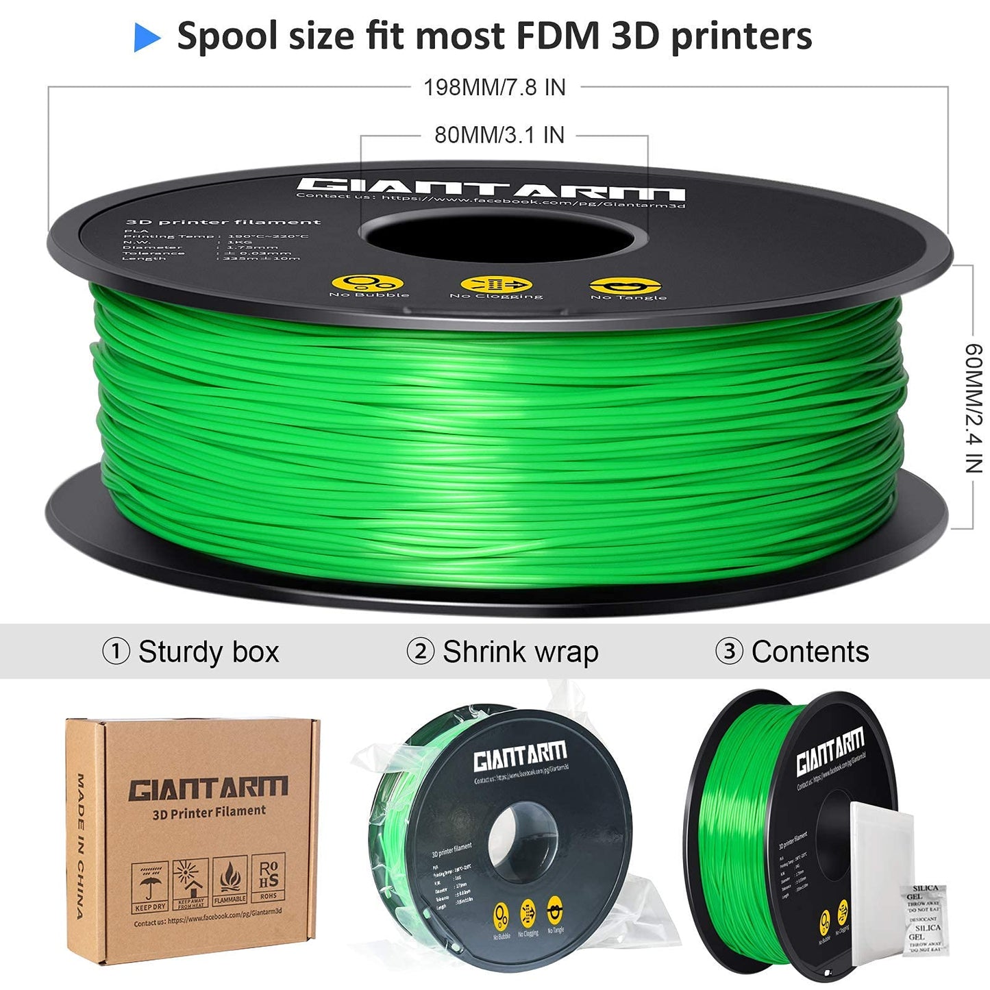 GIANTARM Silk Metallic Silver PLA 3D Printer Filament 1kg Spool, 1.75mm Dimensional Accuracy +/-0.03mm, 1080 Feet per Roll, Vacuum Packaging i3dyou