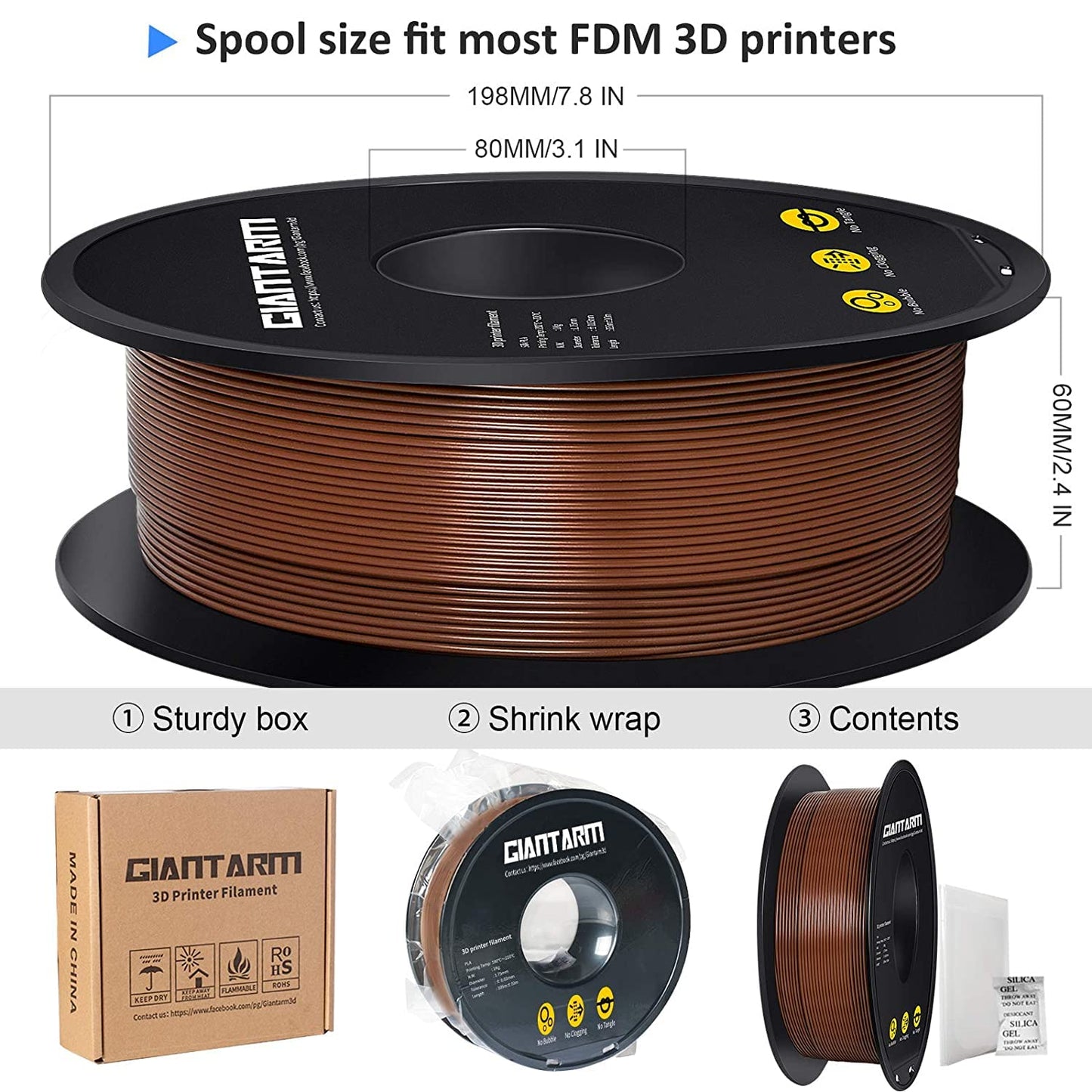 GIANTARM Silk Metallic Silver PLA 3D Printer Filament 1kg Spool, 1.75mm Dimensional Accuracy +/-0.03mm, 1080 Feet per Roll, Vacuum Packaging i3dyou