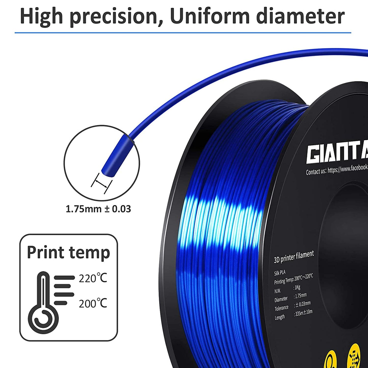 GIANTARM Silk Metallic Silver PLA 3D Printer Filament 1kg Spool, 1.75mm Dimensional Accuracy +/-0.03mm, 1080 Feet per Roll, Vacuum Packaging i3dyou