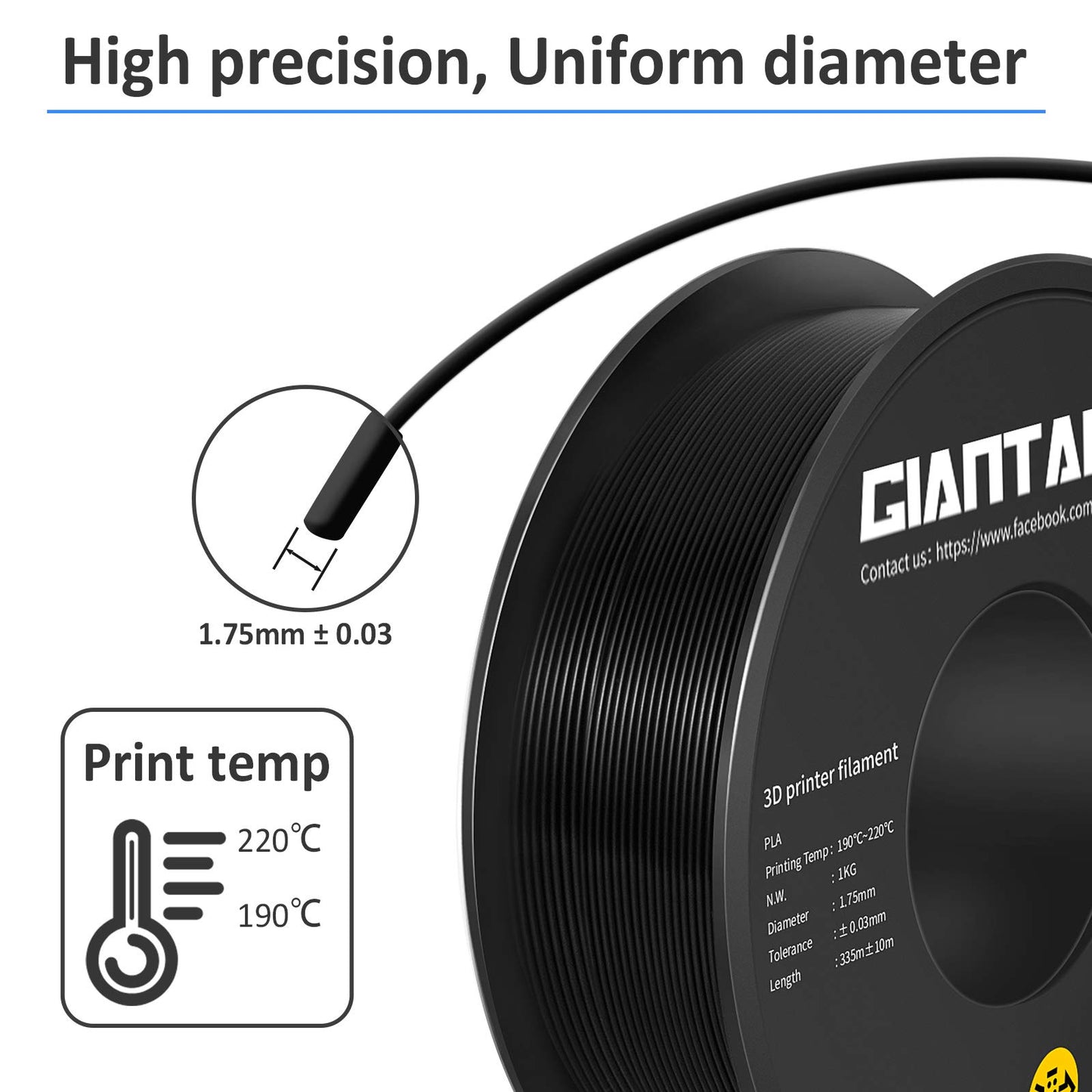 GIANTARM Silk Metallic Silver PLA 3D Printer Filament 1kg Spool, 1.75mm Dimensional Accuracy +/-0.03mm, 1080 Feet per Roll, Vacuum Packaging i3dyou