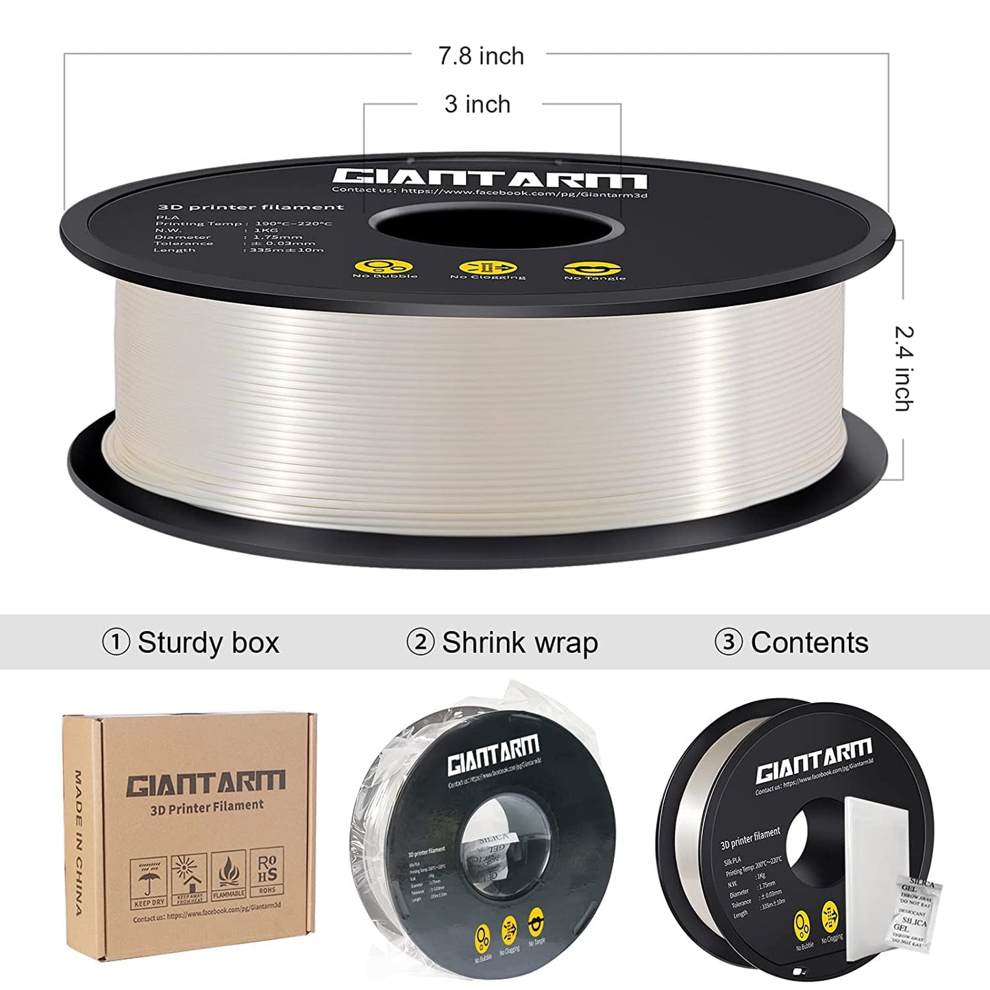 GIANTARM Silk Metallic Silver PLA 3D Printer Filament 1kg Spool, 1.75mm Dimensional Accuracy +/-0.03mm, 1080 Feet per Roll, Vacuum Packaging i3dyou