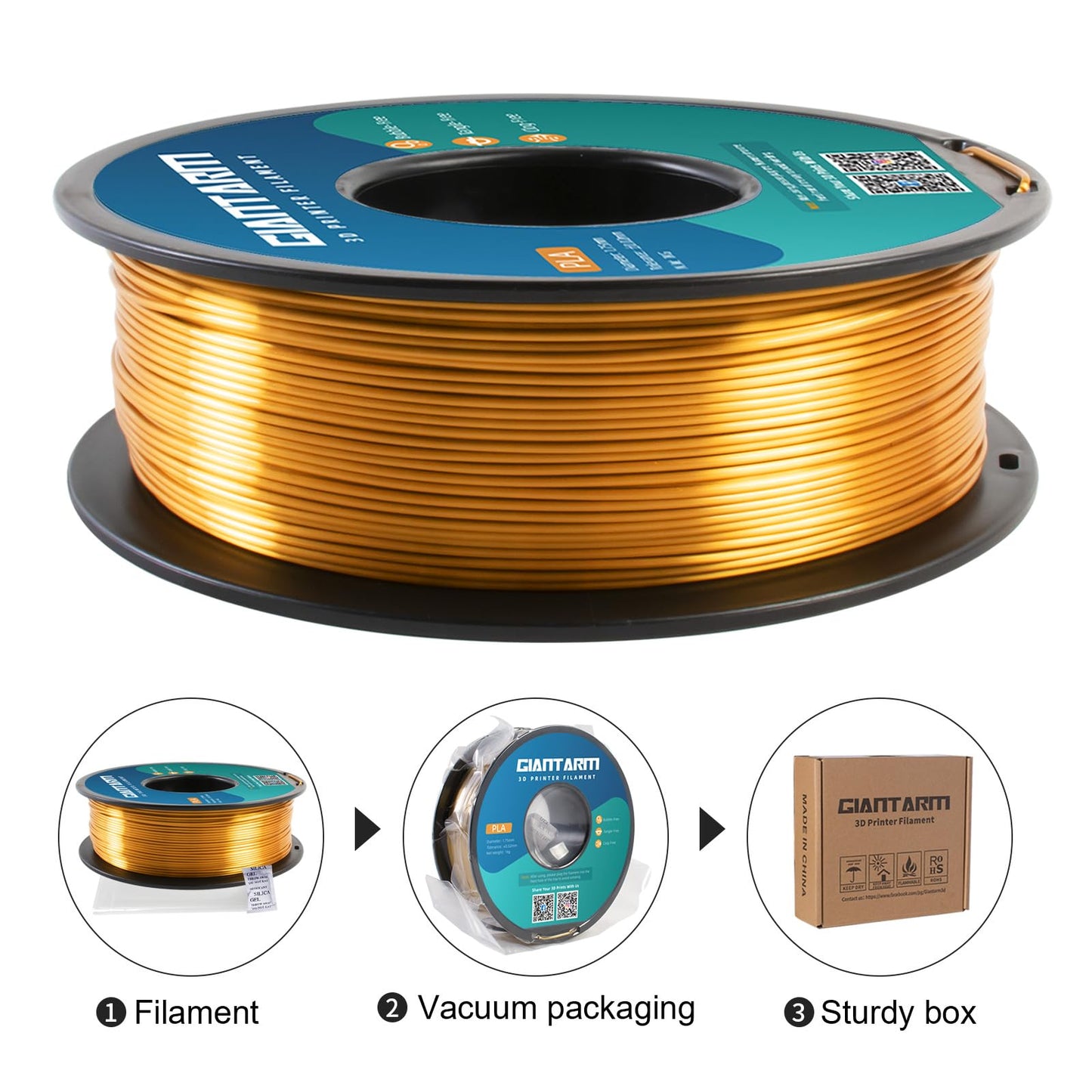 GIANTARM Silk Metallic Silver PLA 3D Printer Filament 1kg Spool, 1.75mm Dimensional Accuracy +/-0.03mm, 1080 Feet per Roll, Vacuum Packaging i3dyou