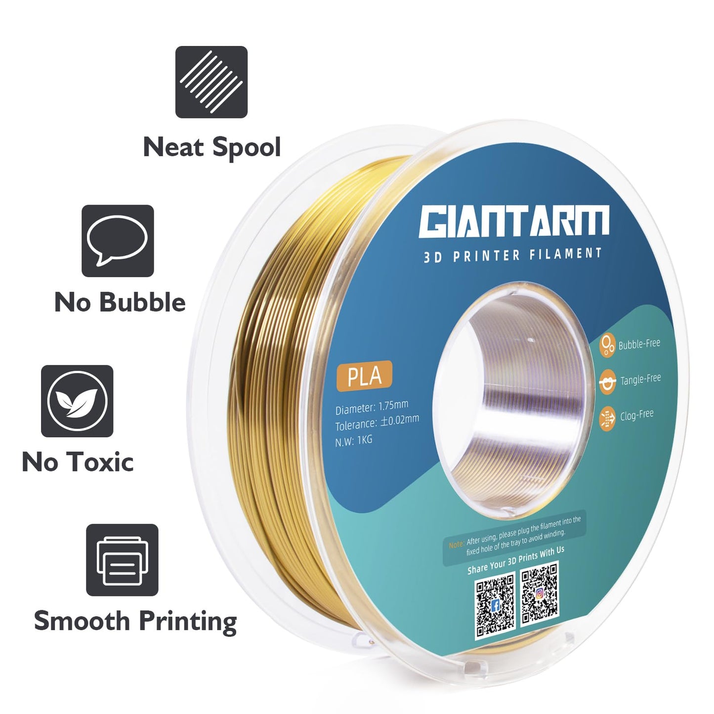 GIANTARM Silk Metallic Silver PLA 3D Printer Filament 1kg Spool, 1.75mm Dimensional Accuracy +/-0.03mm, 1080 Feet per Roll, Vacuum Packaging i3dyou