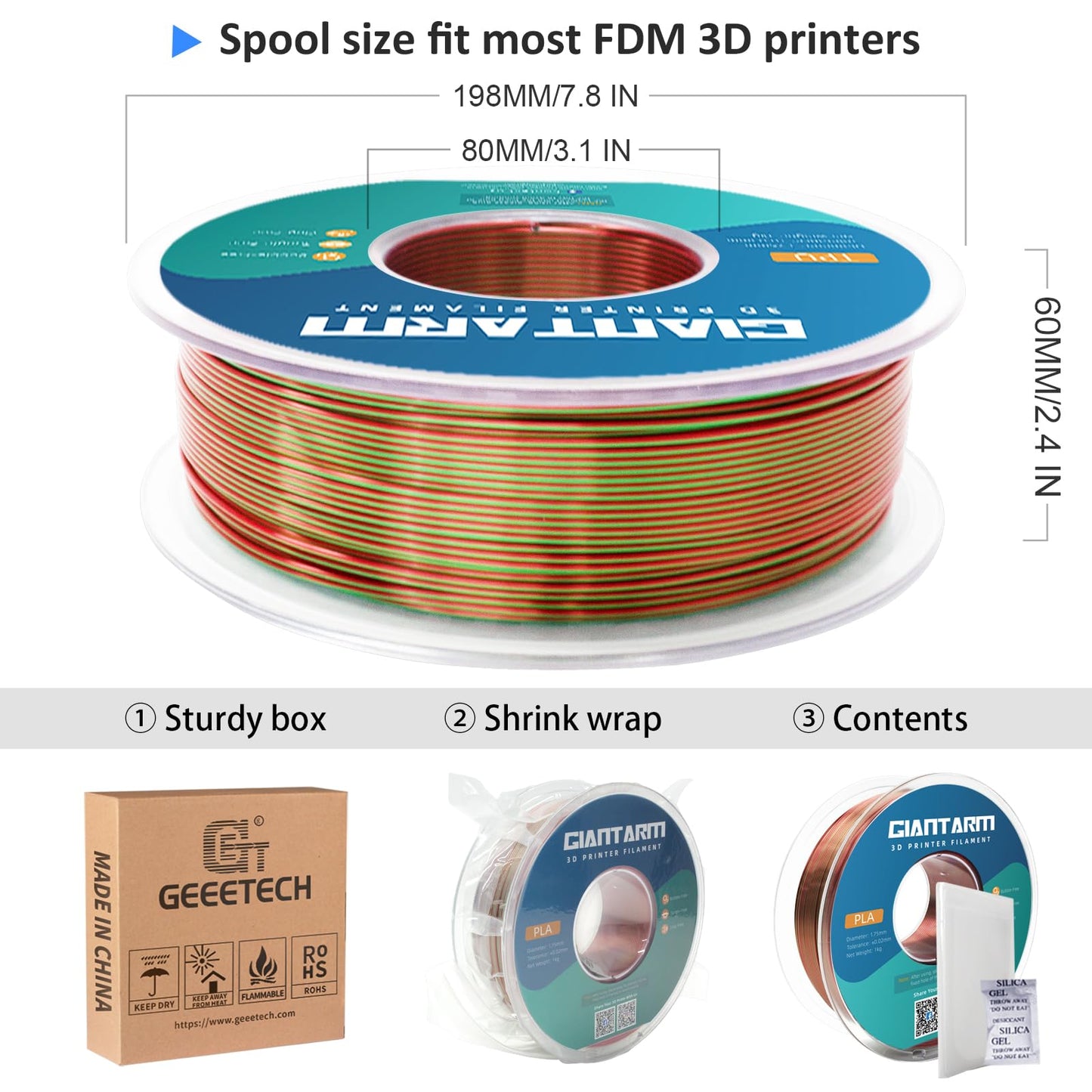 GIANTARM Silk Metallic Silver PLA 3D Printer Filament 1kg Spool, 1.75mm Dimensional Accuracy +/-0.03mm, 1080 Feet per Roll, Vacuum Packaging i3dyou