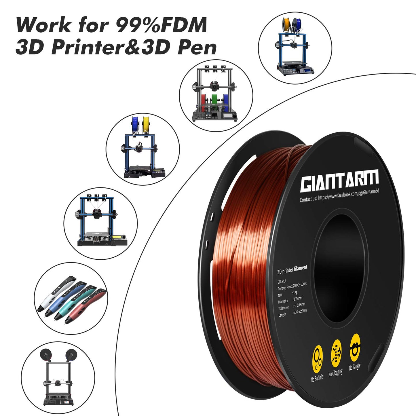 GIANTARM Silk Metallic Silver PLA 3D Printer Filament 1kg Spool, 1.75mm Dimensional Accuracy +/-0.03mm, 1080 Feet per Roll, Vacuum Packaging i3dyou