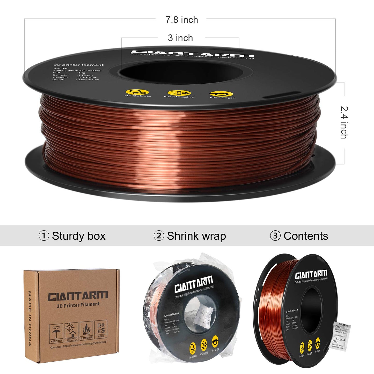 GIANTARM Silk Metallic Silver PLA 3D Printer Filament 1kg Spool, 1.75mm Dimensional Accuracy +/-0.03mm, 1080 Feet per Roll, Vacuum Packaging i3dyou