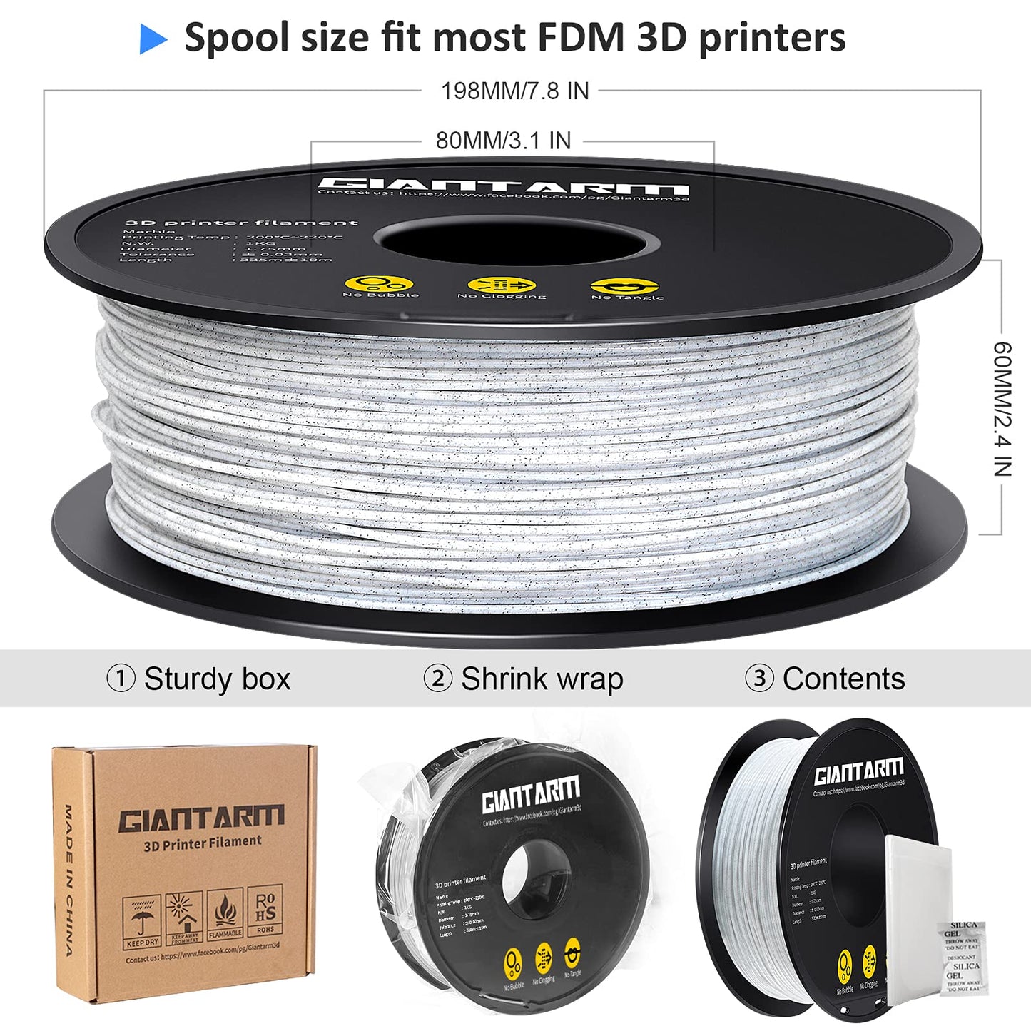 GIANTARM Silk Metallic Silver PLA 3D Printer Filament 1kg Spool, 1.75mm Dimensional Accuracy +/-0.03mm, 1080 Feet per Roll, Vacuum Packaging i3dyou